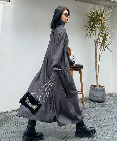 Glossy Gathered High Neck Dress